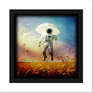 Astronaut floating above a field, with umbrella. Posters and Art